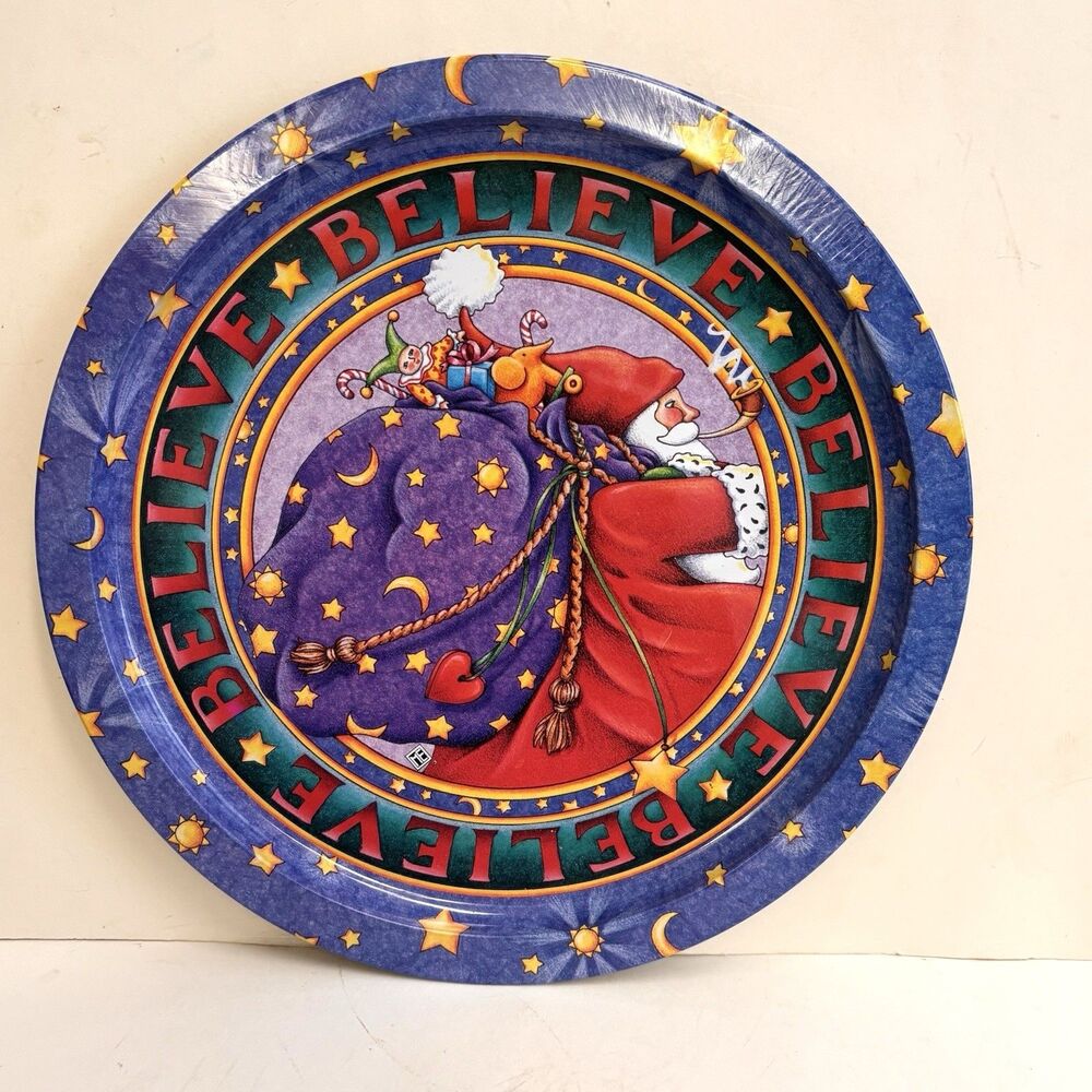 MARY ENGELBREIT Vintage 1997 SANTA Metal Tin Serving Tray 13” Round Christmas